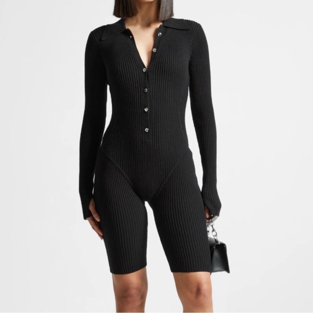 Manière De Voir Ribbed Knit Long Sleeve Playsuit - Black